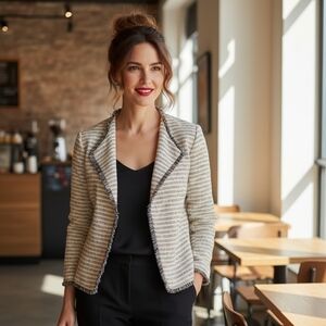 Ivanka Trump Black & White Boucle Open Front Jacket with Fringe Size 10